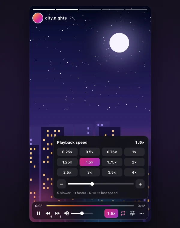 Playback speed panel with presets from 0.25× to 4×