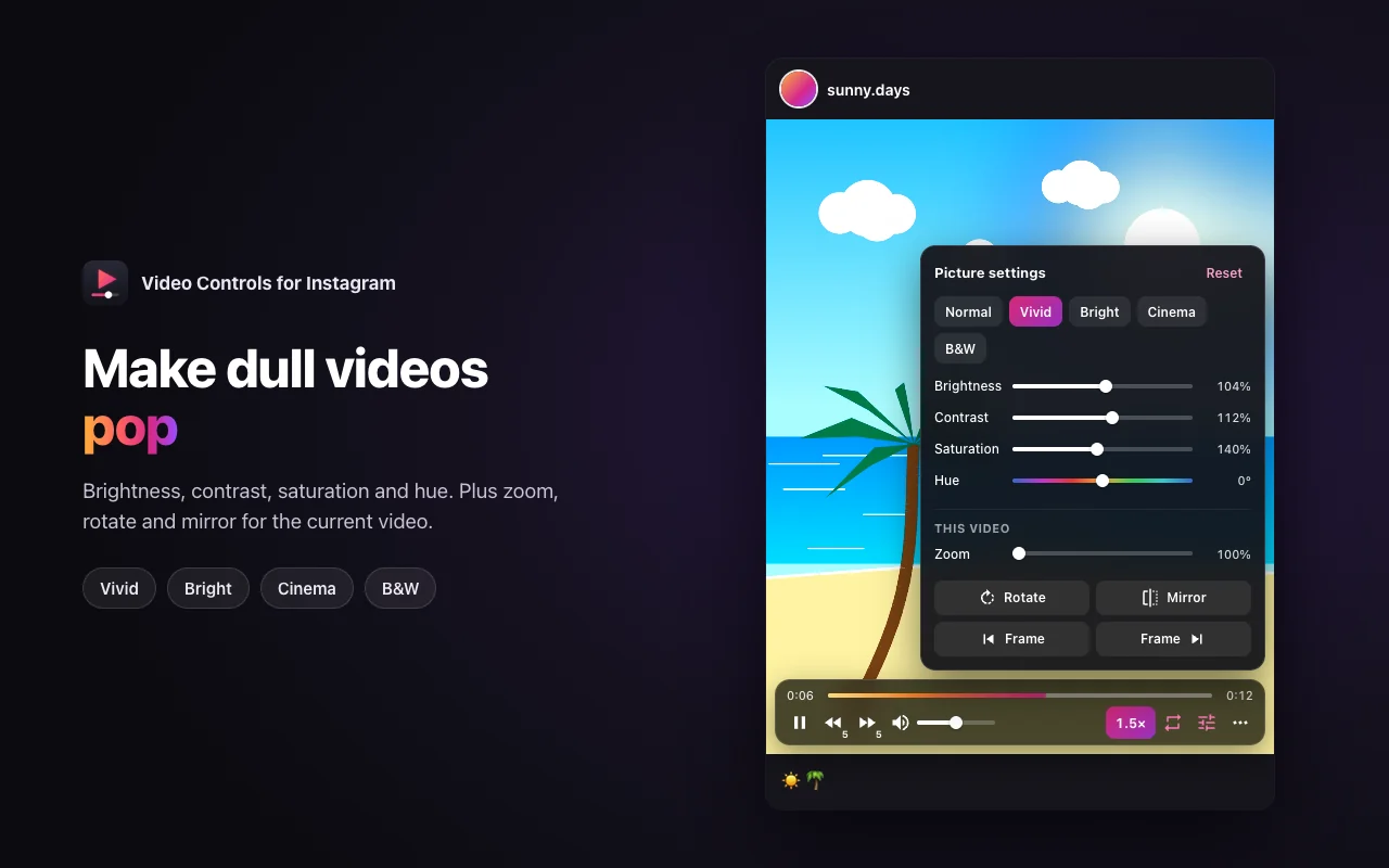 Picture settings with the Vivid preset applied to a beach video